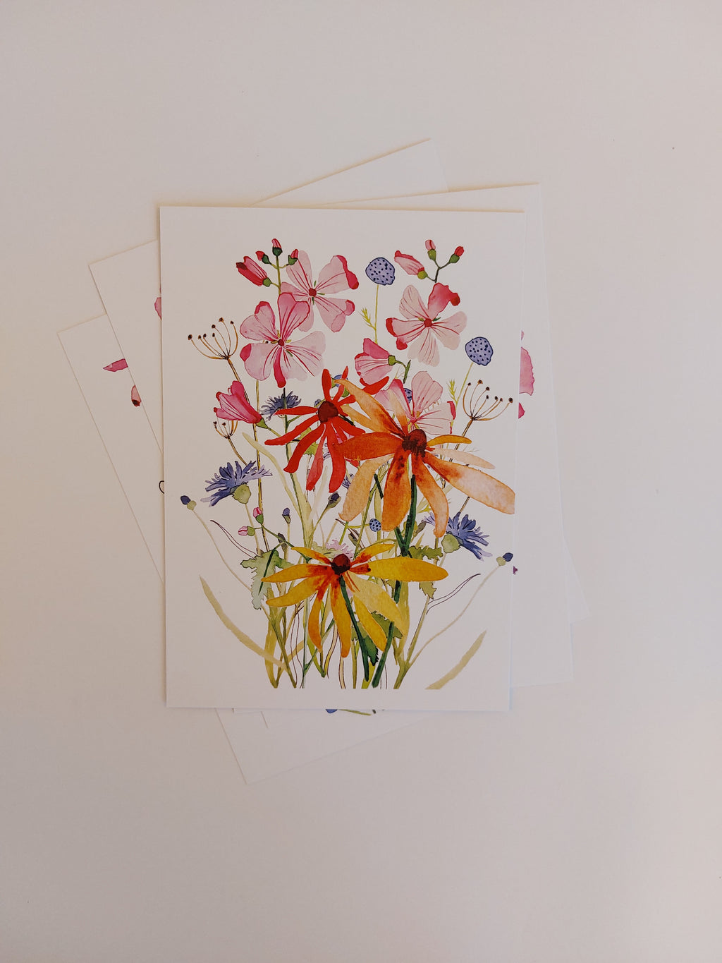 Ansichtkaart Plukboeket roze, geel en blauw
