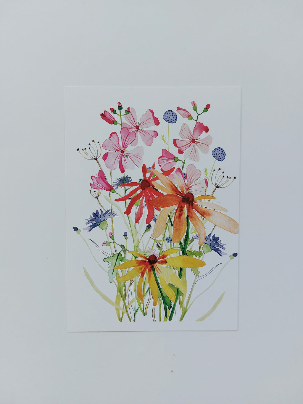 Ansichtkaart Plukboeket roze, geel en blauw