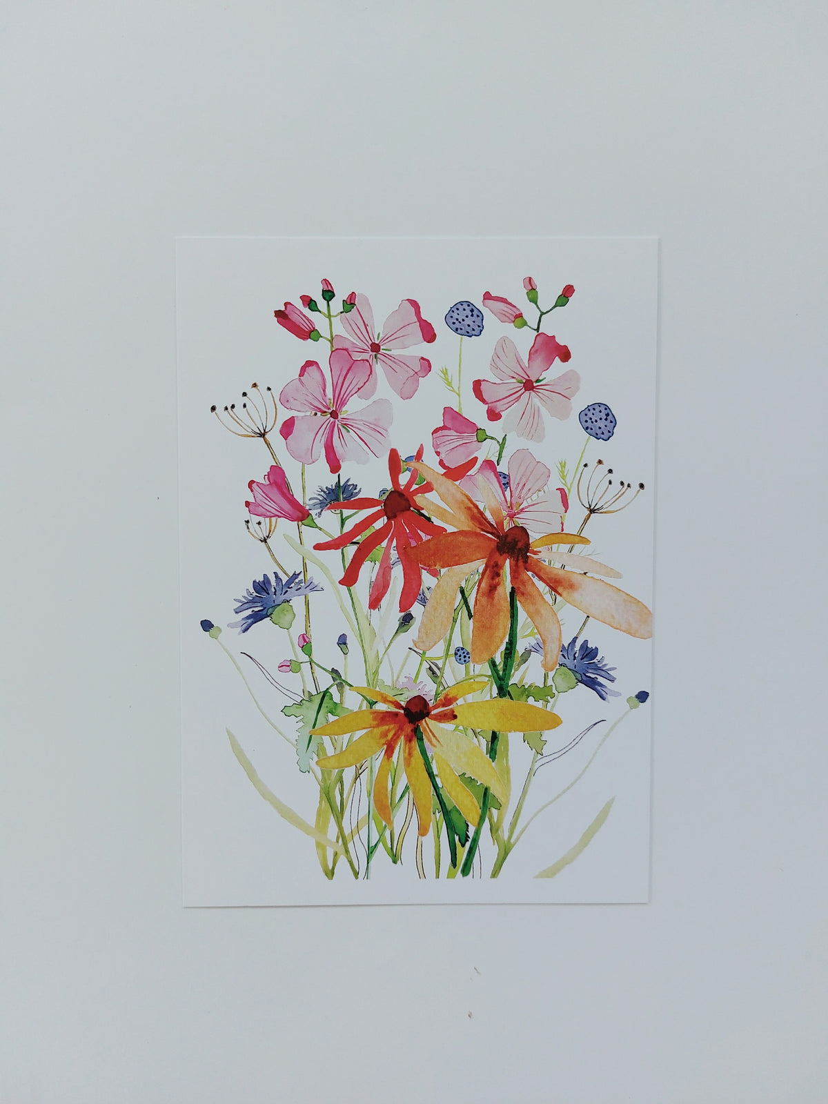 Ansichtkaart Plukboeket roze, geel en blauw
